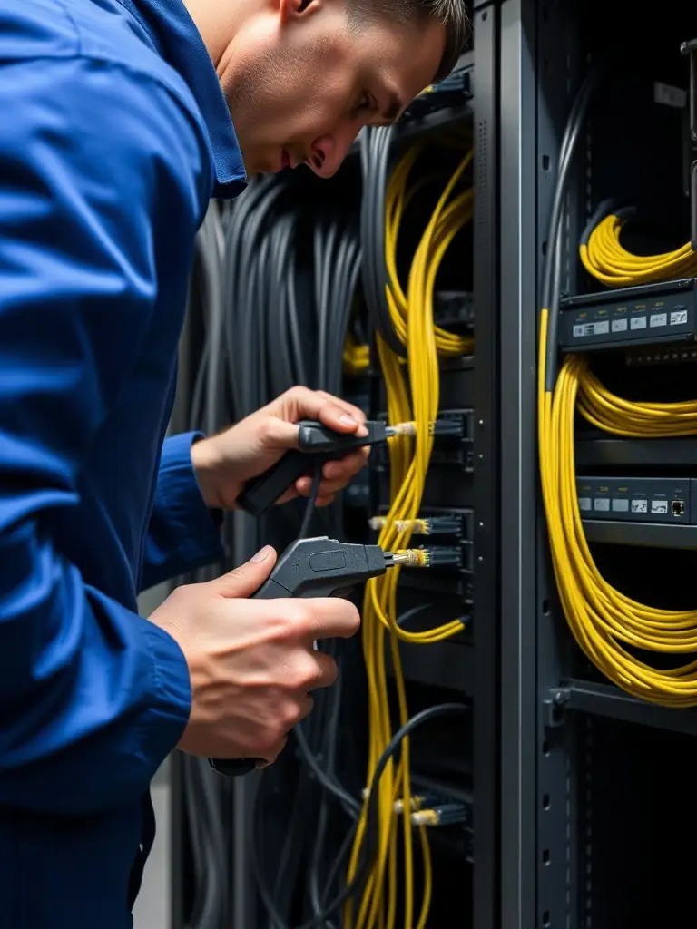 A DataTel 360 technician fixing a complex cabling issue on-site, emphasizing the on-site resolution benefit.