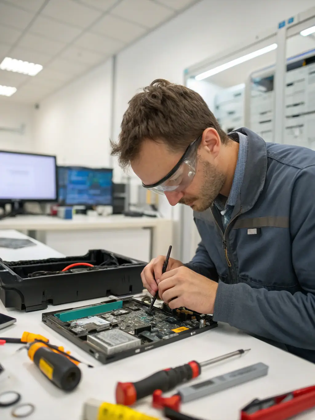 An image of a technician working on a legacy telephone system, showcasing their expertise and attention to detail.