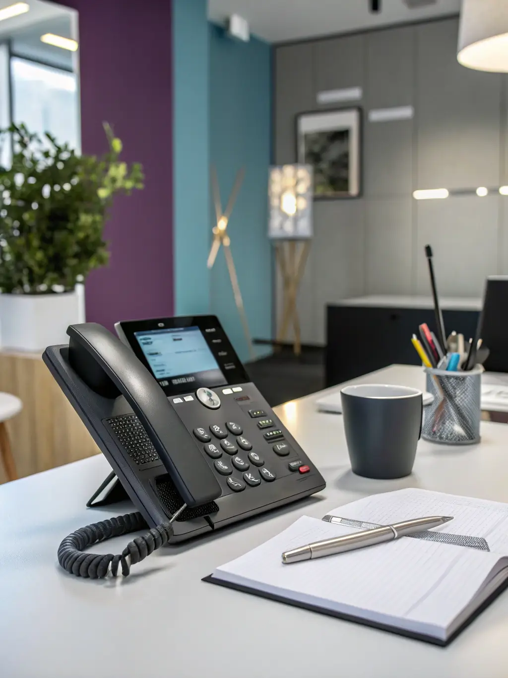 A professional photograph of a modern VoIP phone system, showcasing its sleek design and user-friendly interface, set in a well-lit office environment.