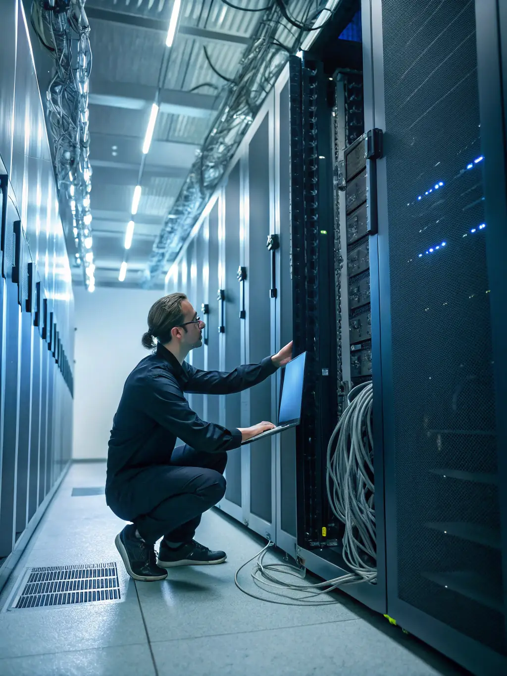 A technician replacing a faulty server component in a data center, demonstrating hands-on problem-solving and hardware expertise.