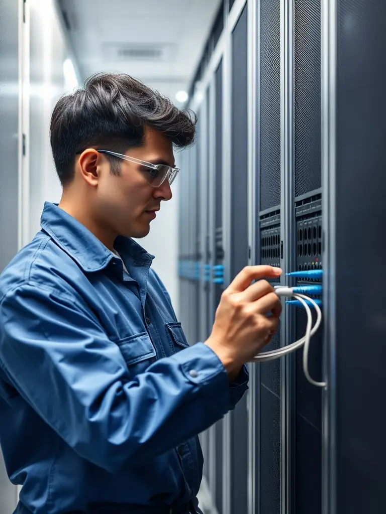 A technician in a cleanroom environment meticulously tracing cables within a server rack, highlighting precision and attention to detail.