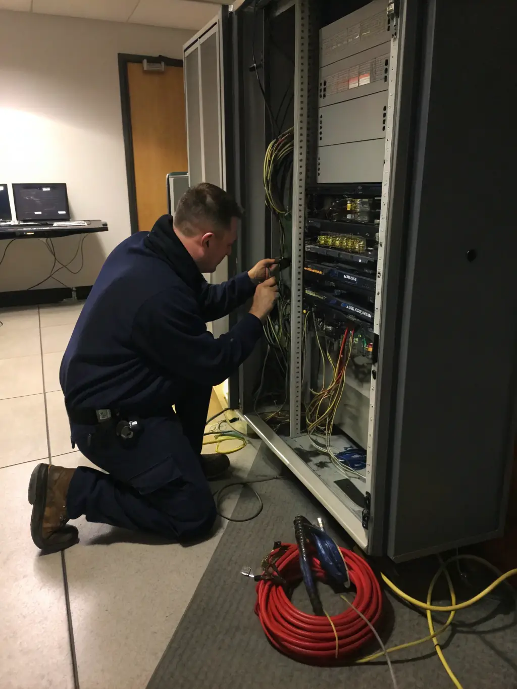 A professional technician in a DataTel 360 uniform quickly diagnosing a phone system issue in a busy office environment, showcasing rapid response.