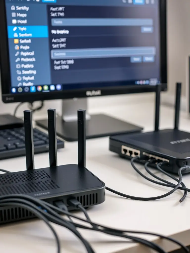 A detailed image of a business phone system setup, highlighting the various components and connections, with a technician working in the background.