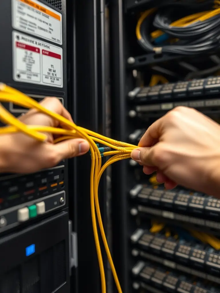 A close-up shot of Cat6 and fiber optic cables being installed, emphasizing the precision and quality of the cabling work.
