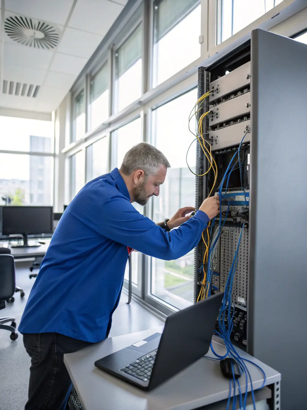 A field technician expertly diagnosing a network issue with specialized equipment in a busy office environment, showcasing expertise and problem-solving skills.
