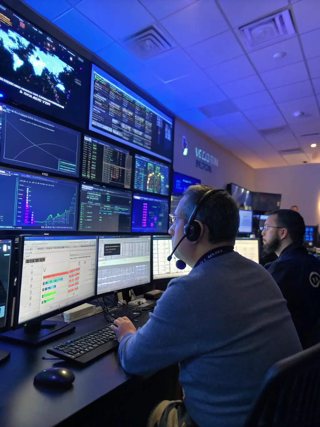 A network operations center with real-time monitoring displays, highlighting proactive monitoring to minimize downtime.